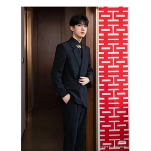 新中式男装风立领盘扣刺绣暗扣长袖衬衫抗皱订婚西服上衣 XFC14图片