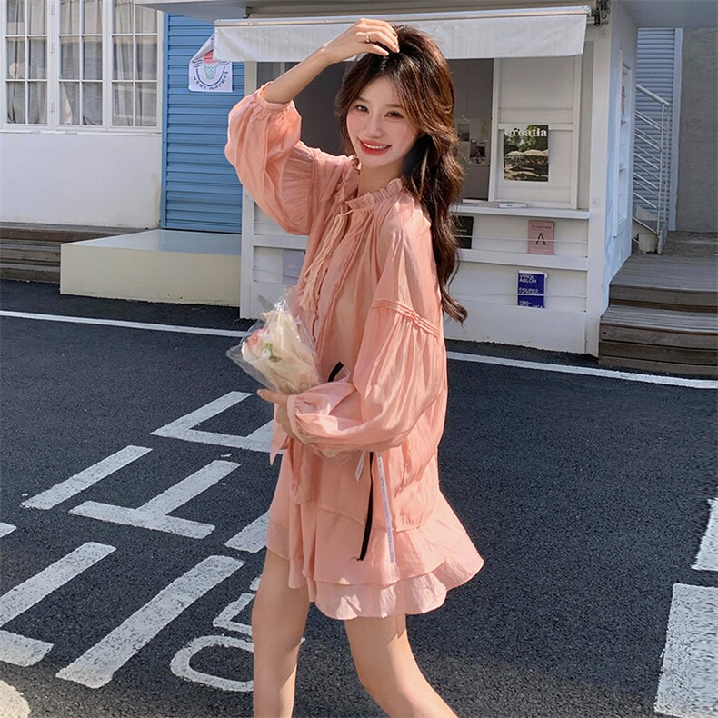 橘粉色轻薄系带衬衫套装裙女2025夏季新款别致漂亮半身裙两件套潮,女装套装/套裙,浙宝305