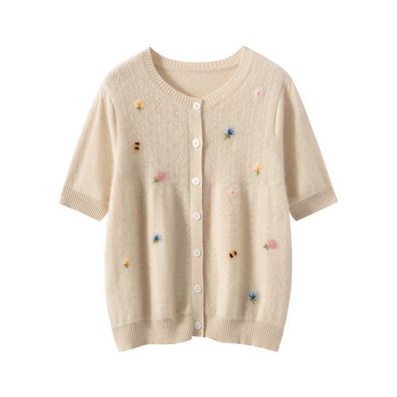 100%纯山羊绒针织开衫女短袖外套秋季新款百搭洋气绣花毛衣T恤，女装T恤，雪山红莲
