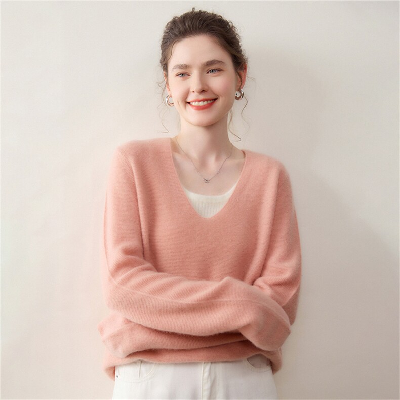 極简ROW风~正反针羊绒衫女v领宽松落肩袖针织衫打底亲肤纯色毛衣，女装针织衫/毛衣，溪贝羊绒