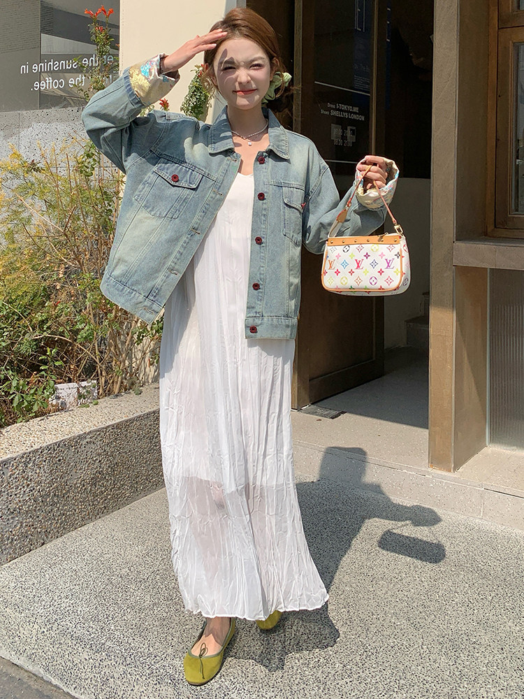 新中式刺绣牛仔外套吊带裙套装女2024春秋新款设计感连衣裙两件套,女装套装/套裙,浙宝305