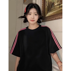 抖音得物品质二开240克宽松纯棉美式潮牌印花三条杠中性风短袖T恤图片