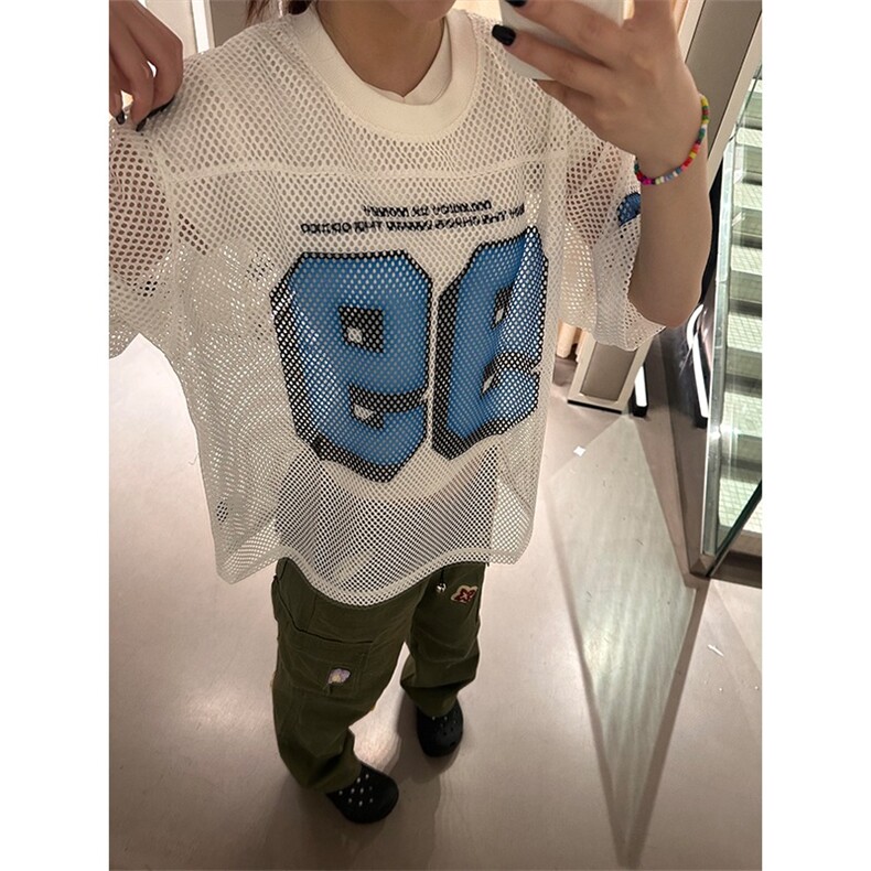 夏季镂空99大网眼球衣美式街头复古印花球服短袖t恤男女夏季,男装T恤,星座1210-1