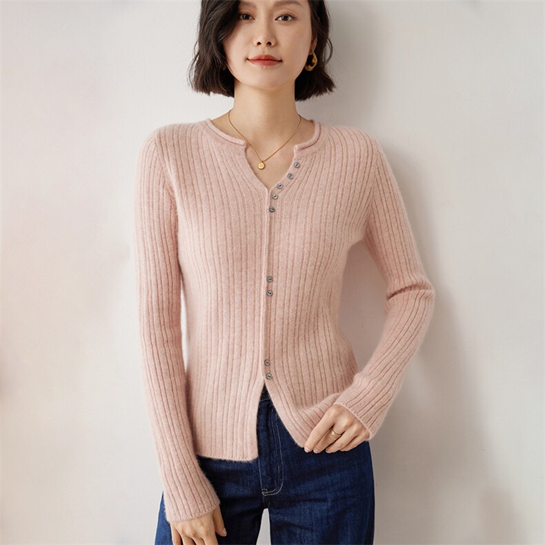 开衫女纯色简约V领秋冬慵懒软糯休闲保暖针织衫,女装羊绒衫,雪山红莲