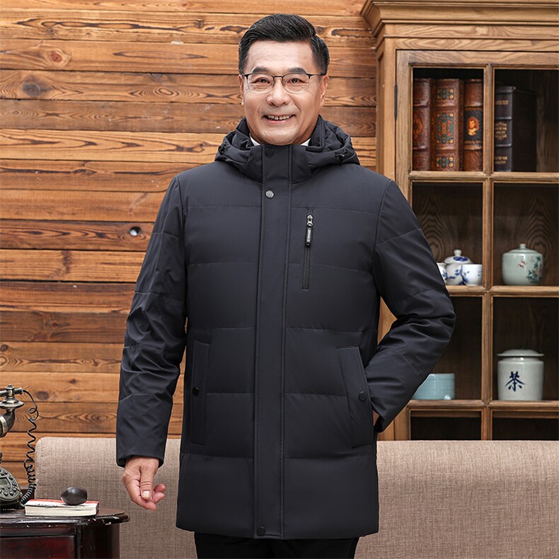 中老年羽绒服男士中长款加厚防寒中年休闲白鸭绒连帽可脱卸外套,男装羽绒服,钱塘6003（原4033）