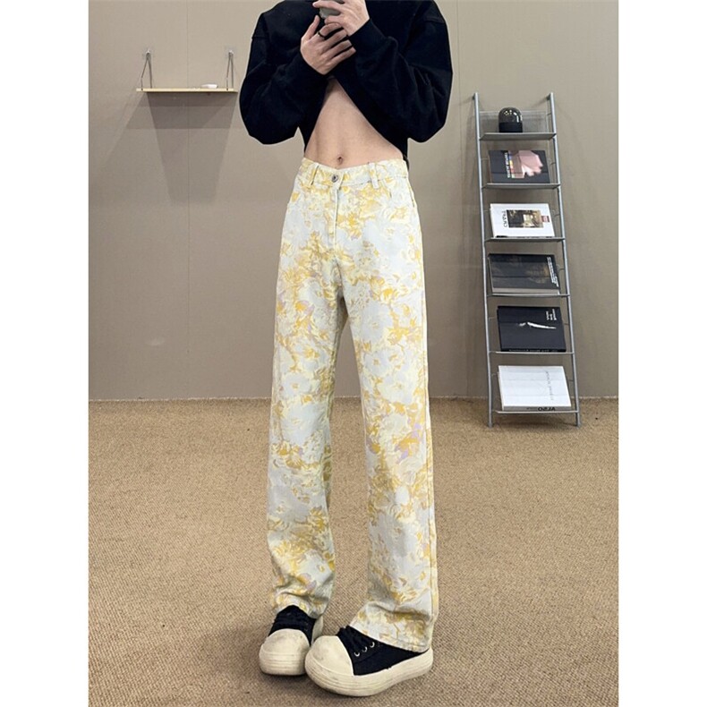 满印提花扎染牛仔裤男高个子加长美式高街vibe裤子直筒微喇休闲裤,男装牛仔裤,电商B221