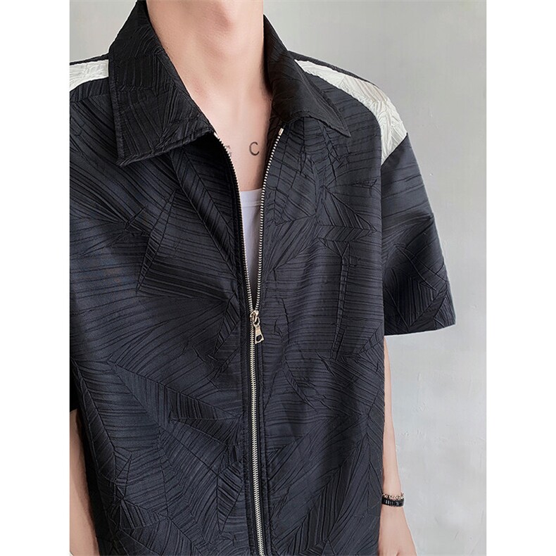 黑白拼接褶皱拉链衬衫男短袖夏季薄款宽松休闲衬衣CS4512P68,男装T恤,星座512-1（原513-3）