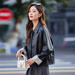 时尚翻领皮衣外套女2025春秋新款条纹拼接PU皮夹克短款高级感上衣图片