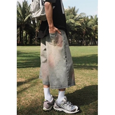 夏季新款牛仔七分裤2025美式做旧泼墨水洗宽松直筒阔腿裤NH009，男装牛仔裤，星座1116A（原606A-3）