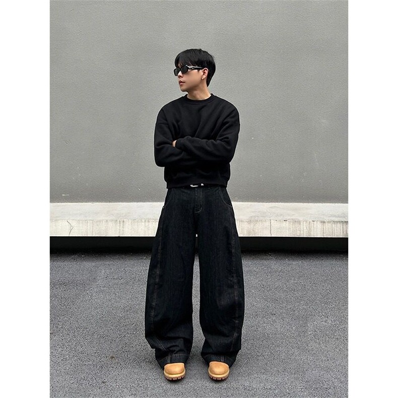 美式春秋季镰刀香蕉牛仔裤男廓形复古微喇直筒阔腿弯刀裤子,男装牛仔裤,星座506A