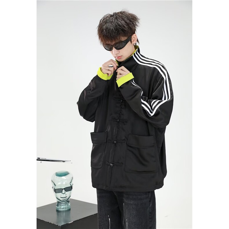 风秋男夹克衫拼色三条杠条纹盘扣新中式中山装外套jk0043P60,男装夹克,星座1013-1