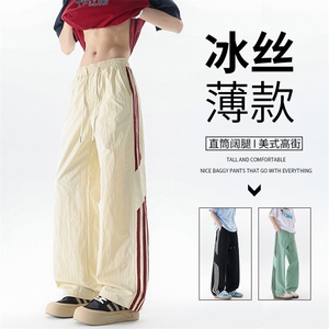 美式高街条纹裤子男夏季冰丝宽松冲锋户外直筒休闲阔腿裤KZ048P50图片