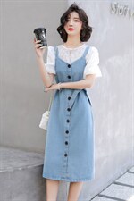 (现货）2026夏季新款泡泡袖圆领小衫+牛仔背带裙两件套(配腰带），女装套装/套裙，印象茜