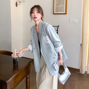 蓝色蕾丝拼接休闲西装外套女减龄百搭气质小西服高级感独特温柔风图片