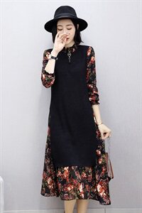 植绒印花拼接长裤长袖2020年冬季圆领花色连衣裙图片