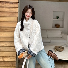米白色韩系宽松加厚羊羔毛外套女冬季短款小个子皮毛一体立领棉服，女装棉衣/棉服，维壹