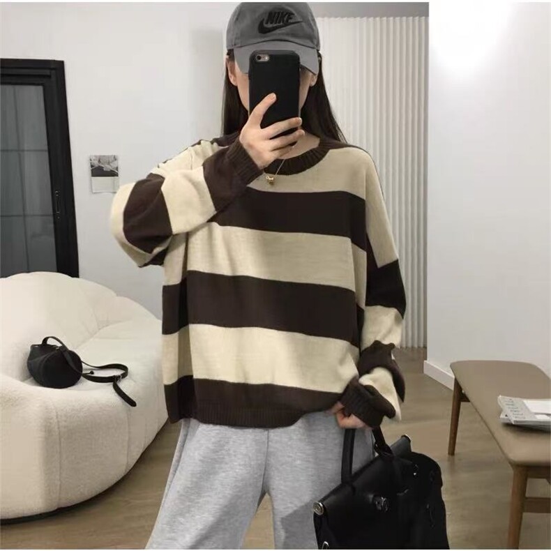 2025年秋季常规通勤套头宽松型长袖宽条纹时尚百搭毛衣，女装针织衫/毛衣，鑫之绒