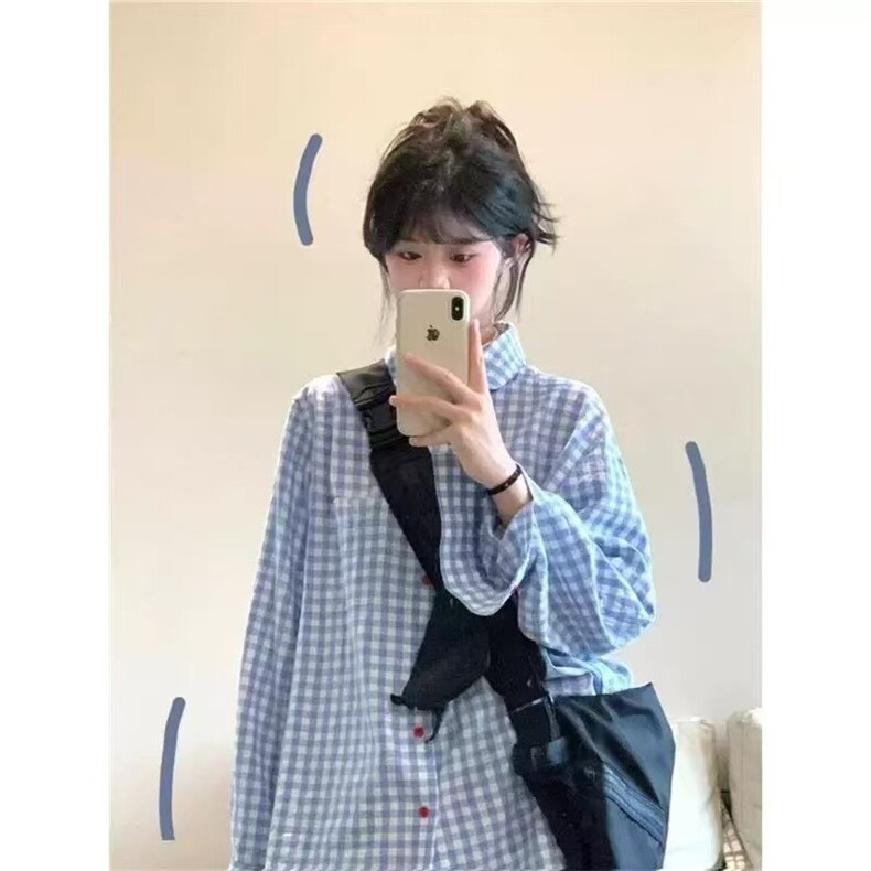日系轻奢感格子衬衫外搭女春秋2025新款宽松休闲设计感小众长袖潮,男装衬衫,星座1210-1
