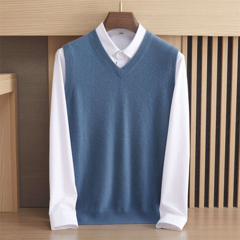 毛衣男秋冬V领针织衫潮慵懒风内搭羊绒衫背心马甲，男装背心/马甲，绒誉暖羊绒