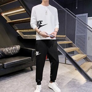 男青少年运动长袖卫衣套装2021年秋季男士圆领休闲两件套S801-P35,白色卫衣搭配牛仔裤深色男图片