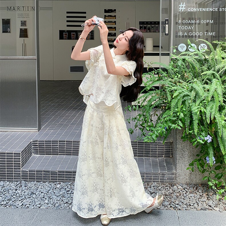 新款雕花阔腿裤新中式两件套,女装套装/套裙,2C010