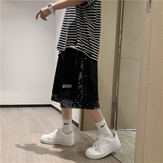 拼接假两件运动短裤男潮牌夏季腰果花休闲五分裤子宽松D6553-p28，男装休闲裤，星座1008