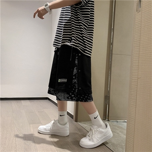 拼接假两件运动短裤男潮牌夏季腰果花休闲五分裤子宽松D6553-p28,豹纹外套短款搭配什么裤子图片