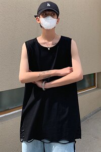 2025夏季马甲港风大码男双纱重磅破洞情侣无袖汗背心T264/P35控55图片