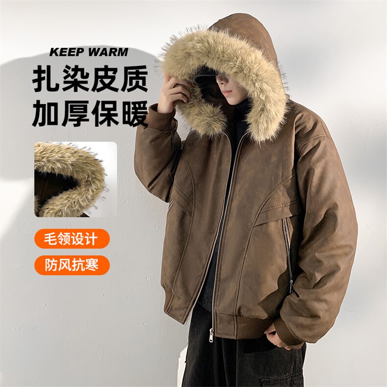 现货 扎染PU皮棉服男冬季加厚连帽棉衣座山雕大毛领外套M090-P120图片