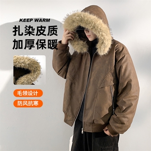 现货 扎染PU皮棉服男冬季加厚连帽棉衣座山雕大毛领外套M090-P120图片