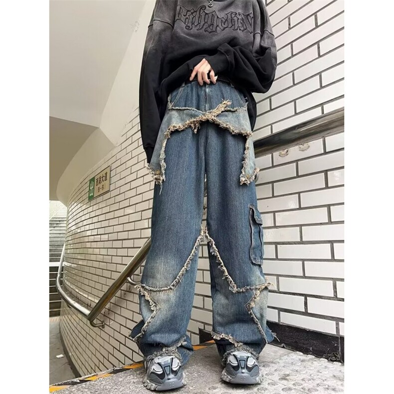小众街头设计感牛仔裤男美式复古vibe风高街宽松阔脚裤N81044-p62,男装牛仔裤,星座1008