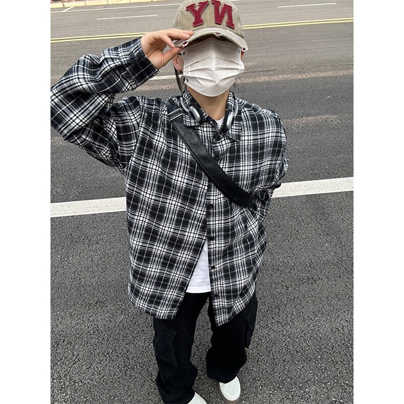 美式复古黑白格子衬衫男春秋高级感格纹长袖衬衣cleanfit情侣外套,男装衬衫,星座301C-5