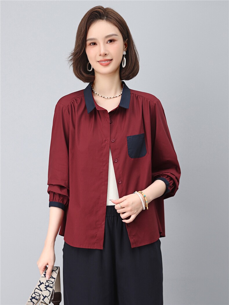 2025年秋季时尚撞色翻领纯棉100%休闲文艺衬衣,女装衬衫,依恋蒂丝