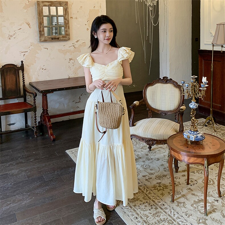 法式飞飞袖露背连衣裙女2025夏季新款气质收腰显瘦绝美茶歇长裙子,女装连衣裙,2C135