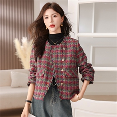 韩城.复古编织格子短款外套女2025春季小香风斜扣翻领显瘦洋气s，女装短外套，梦懿尔