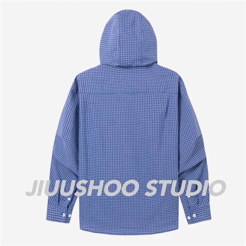 网图慵懒连帽休闲宽松弯刀袖薄防晒衣格纹连帽衬衫男H1072P68,男装防晒衣,电商A341