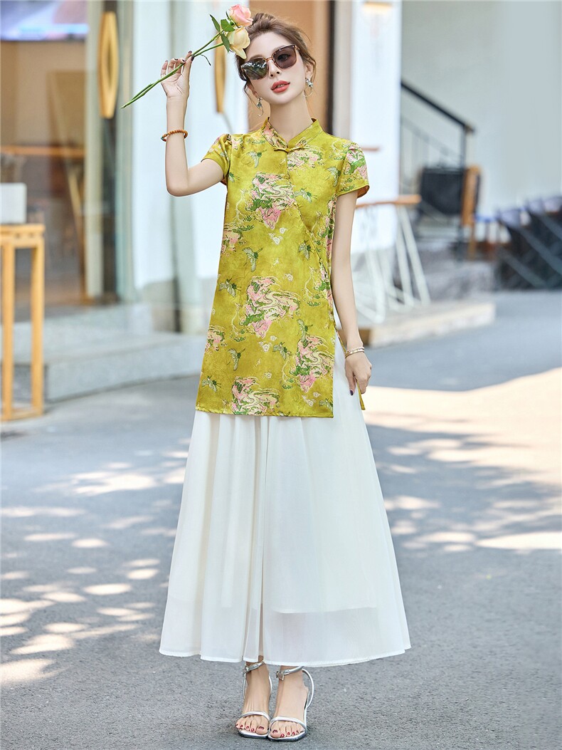 新中式国风优雅气质套装女2025夏季斜襟改良旗袍上衣阔腿裤两件套,女装套装/套裙,伊仟回