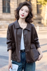 高端小翻领单排扣皮衣女2025秋季新款时尚百搭短款机车服夹克外套，女装皮衣，英标秀（1C119）