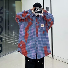 秋季新款拼色格子长袖衬衫男港风格子宽松衬衣外套C32-p48，男装衬衫，星座1109-3