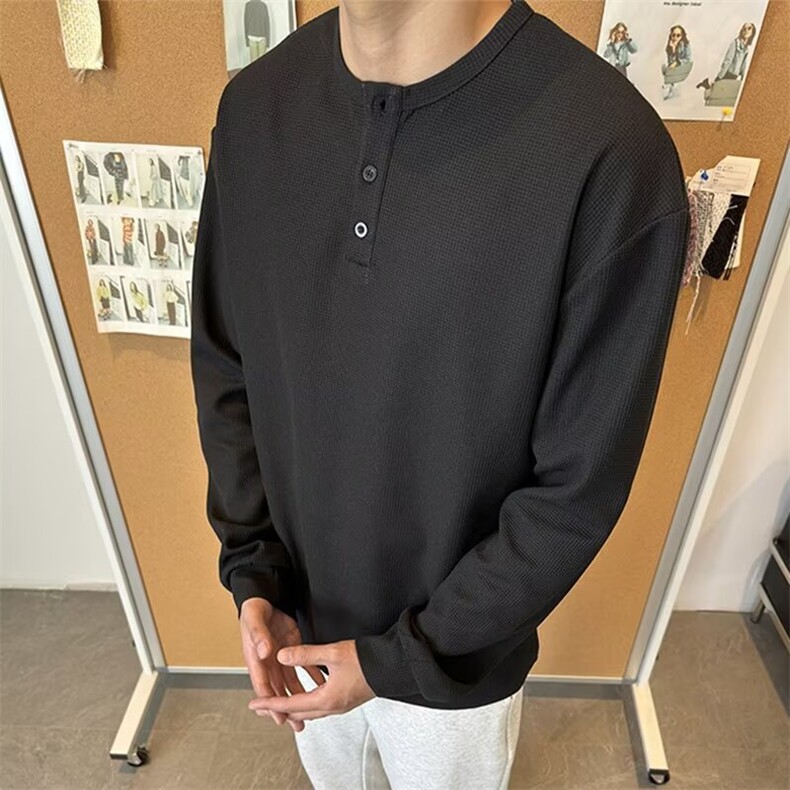 T413-P32美式亨利领长袖t恤体恤衫男春秋季华夫格宽松休闲,男装T恤,电商B323A
