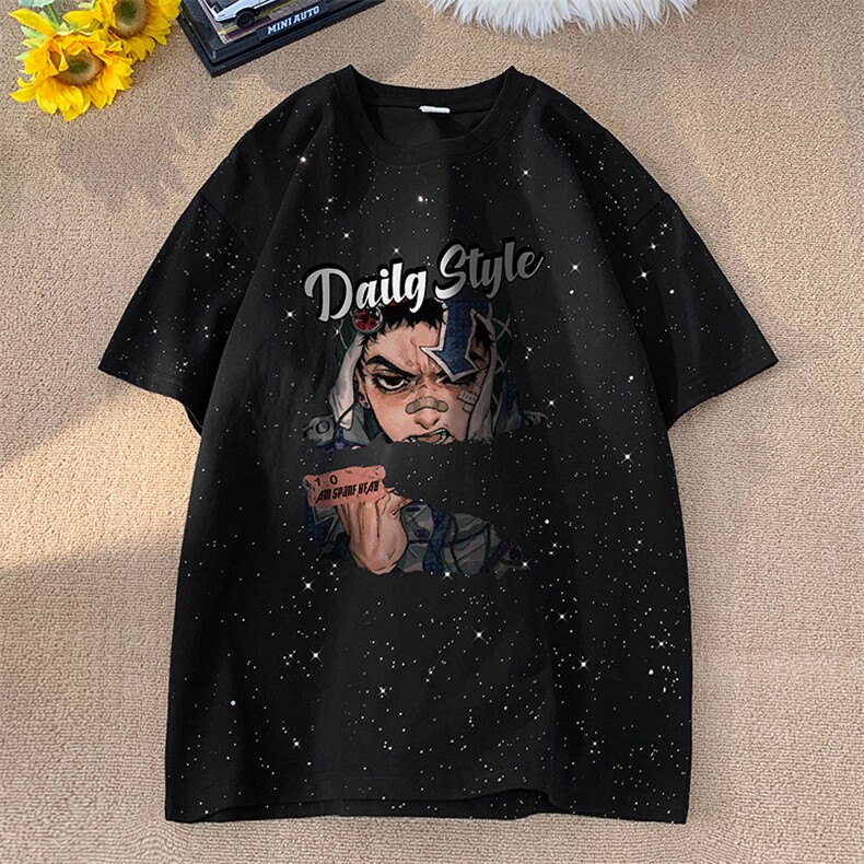 西海岸hiphop青少年t恤男生美式高街卡通动漫短袖满天星亮片7分袖图片