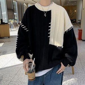 B163-P52 秋冬季潮牌宽松拼接撞色毛衣男慵懒风设计感小众针织衫图片
