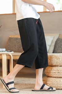 2021夏季新款风日系大码男纯色棉麻七分裤亚麻休闲裤K256-P35图片
