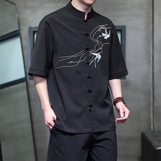现货男士小鸟刺绣风立领盘扣衬衫中袖男上衣T2520-P65-控89，男装T恤，电商A021