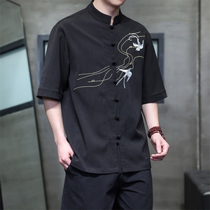 现货 男士小鸟刺绣风立领盘扣衬衫中袖男上衣T2520-P65-控89图片