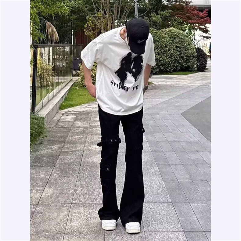 白色美式高街工装牛仔裤男秋季修身vibe绑带裤子显高显瘦微喇长裤,男装牛仔裤,四季星座505