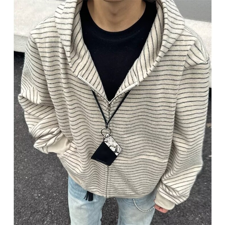 美式复古条纹连帽卫衣男秋季高级感复古脉冲风穿搭拉链开衫外套,男装夹克,星座1013-1