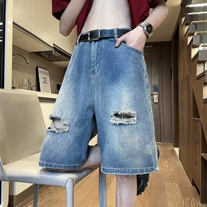 破洞牛仔短裤ins美式港风水洗做旧裤子男夏季宽松百搭休闲五分裤图片