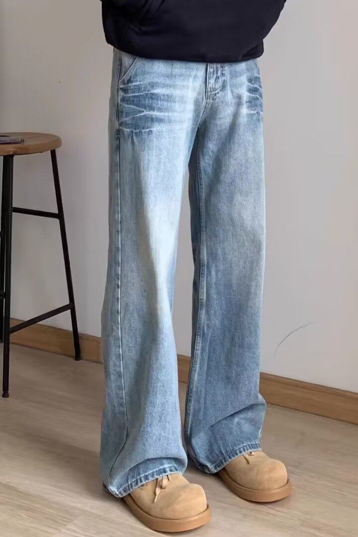 美式高街vibe风复古水洗闪电浅蓝色牛仔裤男cleanfit,男装牛仔裤,星座218-1（原230）