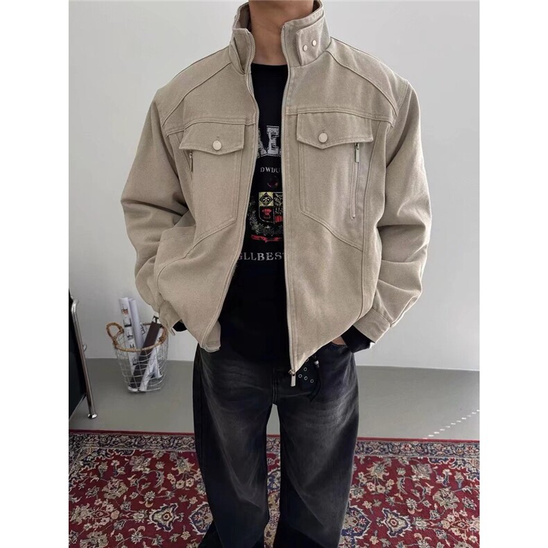美式高街卡其色帆布外套男春秋休闲立领夹克上衣潮流JK186-P108,男装夹克,星座208-5